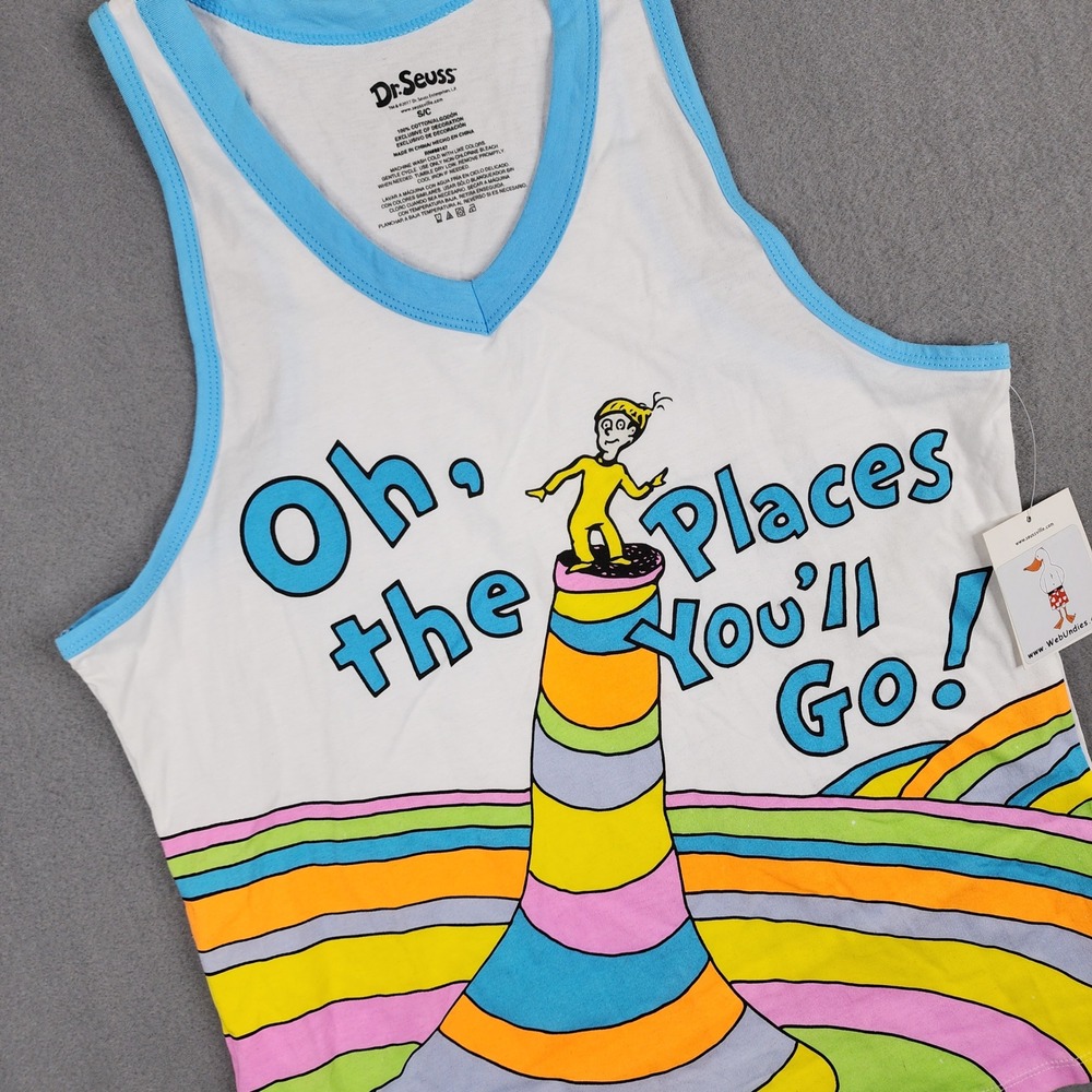 Dr. Seuss Tank Top Oh The Places You'll Go Graphic Cotton White Blue Women S